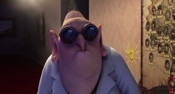 Movie still from “Despicable Me” (2010), directed by Pierre Coffin – An image of an animated character wearing glasses and a lab coat; Close Up shot, Low angle