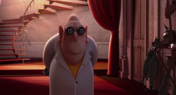 Movie still from “Despicable Me” (2010), directed by Pierre Coffin – An image of an animated character in a room; Wide shot, Low angle