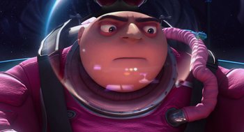 Movie still from “Despicable Me” (2010), directed by Pierre Coffin – An image of an animated character in a space suit; Close Up shot, Low angle