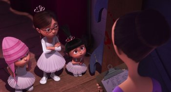 Movie still from “Despicable Me” (2010), directed by Pierre Coffin – Two little girls dressed up in costumes in front of a mirror; Wide shot, Over the shoulder angle
