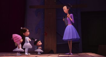 Movie still from “Despicable Me” (2010), directed by Pierre Coffin – Two little girls and a woman in a purple dress; Wide shot, Over the shoulder angle