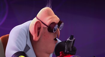 Movie still from “Despicable Me” (2010), directed by Pierre Coffin – An old man with glasses is smoking a cigarette; Close Up shot, Low angle