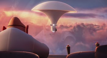 Movie still from “Despicable Me” (2010), directed by Pierre Coffin – An image of a person flying a hot air balloon in the sky; Extreme Wide shot, Low angle