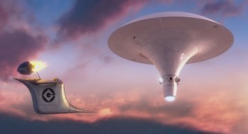 Movie still from “Despicable Me” (2010), directed by Pierre Coffin – An image of an airplane flying in the sky at sunset; Extreme Wide shot, Low angle