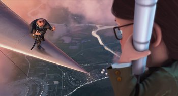 Movie still from “Despicable Me” (2010), directed by Pierre Coffin – An image of an animated character flying in the sky; Wide shot, Low angle