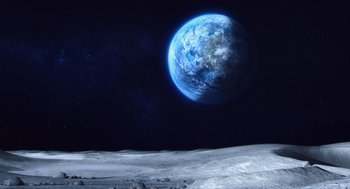 Movie still from “Despicable Me” (2010), directed by Pierre Coffin – An image of an earth from the moon surface; Extreme Wide shot, Low angle