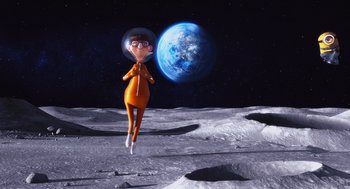 Movie still from “Despicable Me” (2010), directed by Pierre Coffin – An image of an animated character on the moon; Wide shot, High angle