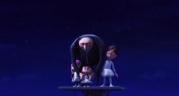 Movie still from “Despicable Me” (2010), directed by Pierre Coffin – A scene from the animated movie despicable me; Wide shot, Low angle