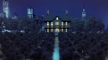 Movie still from “Creep” (2014), directed by Patrick Brice – An image of a house in the middle of the night; Extreme Wide shot, High angle