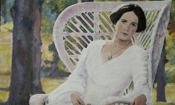 A painting of a woman sitting in a wicker chair