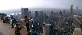 A man standing next to a coin meter on top of a building