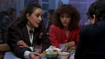 Movie still from “Crossing Delancey” (1988), directed by Joan Micklin Silver – Two women sitting at a table in front of a bowl of soup; Medium shot, Over the shoulder angle