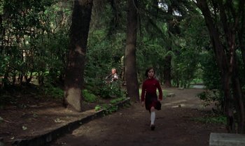 Movie still from “Cría Cuervos” (1976), directed by Carlos Saura – A woman in a red dress running through the woods; Extreme Wide shot, High angle