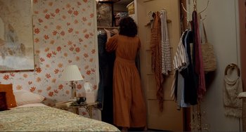 Movie still from “Cyrus” (2010), directed by Jay Duplass – A woman in an orange dress looking in a mirror; Wide shot, High angle