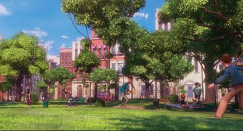 Movie still from “Despicable Me 2” (2013), directed by Pierre Coffin – Extreme Wide shot, High angle