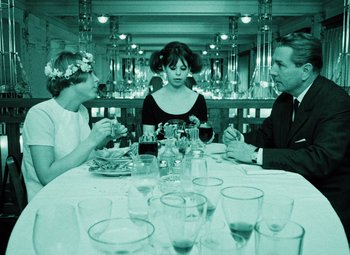Movie still from “Daisies” (1966), directed by Vera Chytilová – A group of people sitting at a table with glasses; Medium shot, High angle