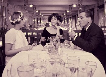 Movie still from “Daisies” (1966), directed by Vera Chytilová – A group of people sitting at a table with wine glasses; Medium shot, Over the shoulder angle
