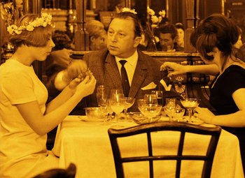 Movie still from “Daisies” (1966), directed by Vera Chytilová – A man and a woman sitting at a dinner table; Medium shot, Over the shoulder angle