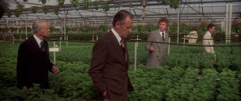 Movie still from “Damien: Omen II” (1978), directed by Mike Hodges – A man in a suit and a man in a suit in a greenhouse; Medium shot, Over the shoulder angle