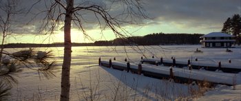 Movie still from “Damien: Omen II” (1978), directed by Mike Hodges – A body of water covered in snow near a tree; Extreme Wide shot, High angle