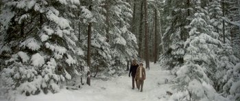 Movie still from “Damien: Omen II” (1978), directed by Mike Hodges – Two people are walking through the snow in the woods; Wide shot, High angle