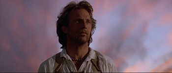 Movie still from “Dances with Wolves” (1990), directed by Kevin Costner – A person with long hair and a beard; Close Up shot, Low angle