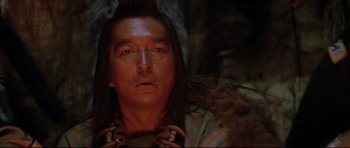 Movie still from “Dances with Wolves” (1990), directed by Kevin Costner – A person wearing a costume; Close Up shot, Low angle