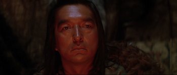 Movie still from “Dances with Wolves” (1990), directed by Kevin Costner – A person with long black hair; Close Up shot, Low angle