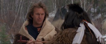 Movie still from “Dances with Wolves” (1990), directed by Kevin Costner – A man and a woman in a fur coat; Close Up shot, Over the shoulder angle