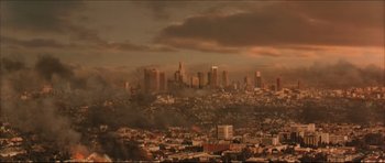 Movie still from “Dark Blue” (2002), directed by Ron Shelton – A view of a large city from a hill; Extreme Wide shot, High angle