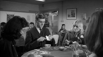 Movie still from “David and Lisa” (1962), directed by Frank Perry – A man and a woman sitting at a table; Medium shot, Over the shoulder angle