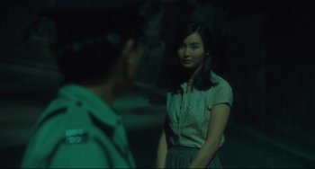 Movie still from “Days of Being Wild” (1990), directed by Kar-Wai Wong – A woman standing next to a man in a room; Medium shot, Over the shoulder angle