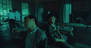 Movie still from “Days of Being Wild” (1990), directed by Kar-Wai Wong – Two young men sitting on a couch in a living room; Medium shot, High angle