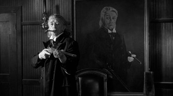 Movie still from “Dead Man” (1995), directed by Jim Jarmusch – An old man standing in front of a painting of himself; Medium shot, Low angle