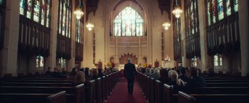 Movie still from “Dirty Grandpa” (2016), directed by Dan Mazer – A man walking down the aisle of a church; Wide shot, Low angle