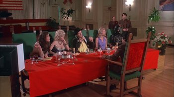 Movie still from “Death Race 2000” (1975), directed by Paul Bartel – A group of people sitting at a table with wine glasses; Wide shot, High angle