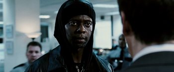 Movie still from “Death Sentence” (2007), directed by James Wan – A person wearing a hood; Close Up shot, Over the shoulder angle
