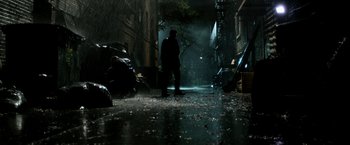 Movie still from “Deliver Us from Evil” (2014), directed by Scott Derrickson – A man standing in the middle of a street; Wide shot, High angle