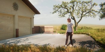 Movie still from “Demonic” (2021), directed by Neill Blomkamp – A woman standing in a driveway near a house; Extreme Wide shot, Over the shoulder angle