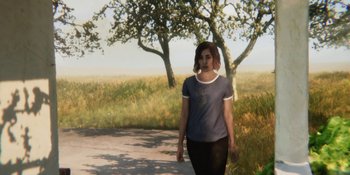 Movie still from “Demonic” (2021), directed by Neill Blomkamp – A woman walking down a road near some trees; Medium shot, Over the shoulder angle