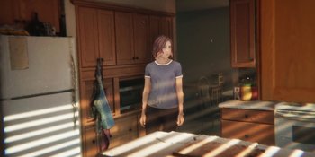 Movie still from “Demonic” (2021), directed by Neill Blomkamp – A woman standing in a kitchen looking at the camera; Medium shot, Over the shoulder angle