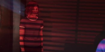 Movie still from “Demonic” (2021), directed by Neill Blomkamp – A woman standing in front of a window with red light; Medium shot, Overhead angle