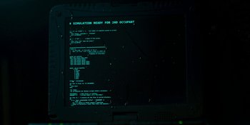 Movie still from “Demonic” (2021), directed by Neill Blomkamp – A computer screen with a lot of text on it; Extreme Close Up shot, High angle