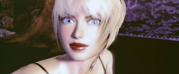 Movie still from “Demonlover” (2002), directed by Olivier Assayas – A woman with blonde hair and blue eyes; Close Up shot, Low angle