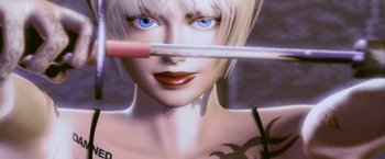 Movie still from “Demonlover” (2002), directed by Olivier Assayas – A woman's face with a knife in it's eye; Extreme Close Up shot, Low angle