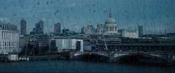 Movie still from “Denial” (2016), directed by Mick Jackson – A view of a city from across the river; Extreme Wide shot, Low angle