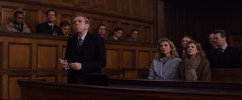 Movie still from “Denial” (2016), directed by Mick Jackson – A group of people sitting in a court room; Medium shot, Low angle