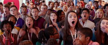 Movie still from “Diary of a Wimpy Kid: The Long Haul” (2017), directed by David Bowers – A group of people that are standing in a room; Medium shot, Over the shoulder angle
