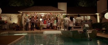 Movie still from “Diary of a Wimpy Kid: The Long Haul” (2017), directed by David Bowers – A group of people standing around a house; Extreme Wide shot, High angle