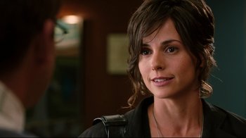 Movie still from “Dinner for Schmucks” (2010), directed by Jay Roach – A person wearing a leather jacket; Close Up shot, Over the shoulder angle